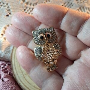 Black Crystal Eye Owl Brooch w/ Openwork Goldtone Body